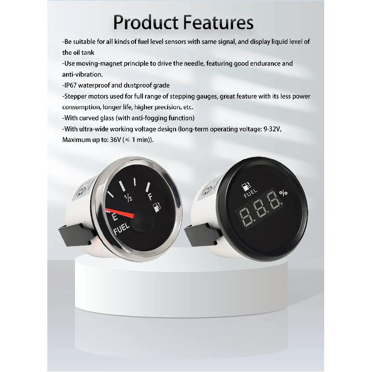 RHAXEL Fuel Level Gauge 0-5V Signal 52mm (2'') with Red Backlight 9-32V for Motorcycle Vessels