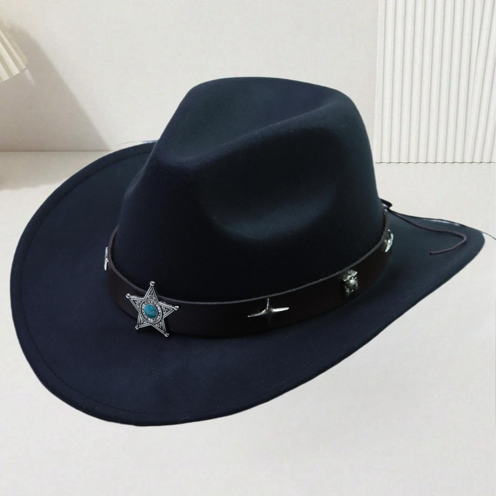 European and American Woolen Hat Women's Western Retro Cowboy Hat Men's Five-pointed Star Ethnic Style Decorative Flat Top Top Top Hat