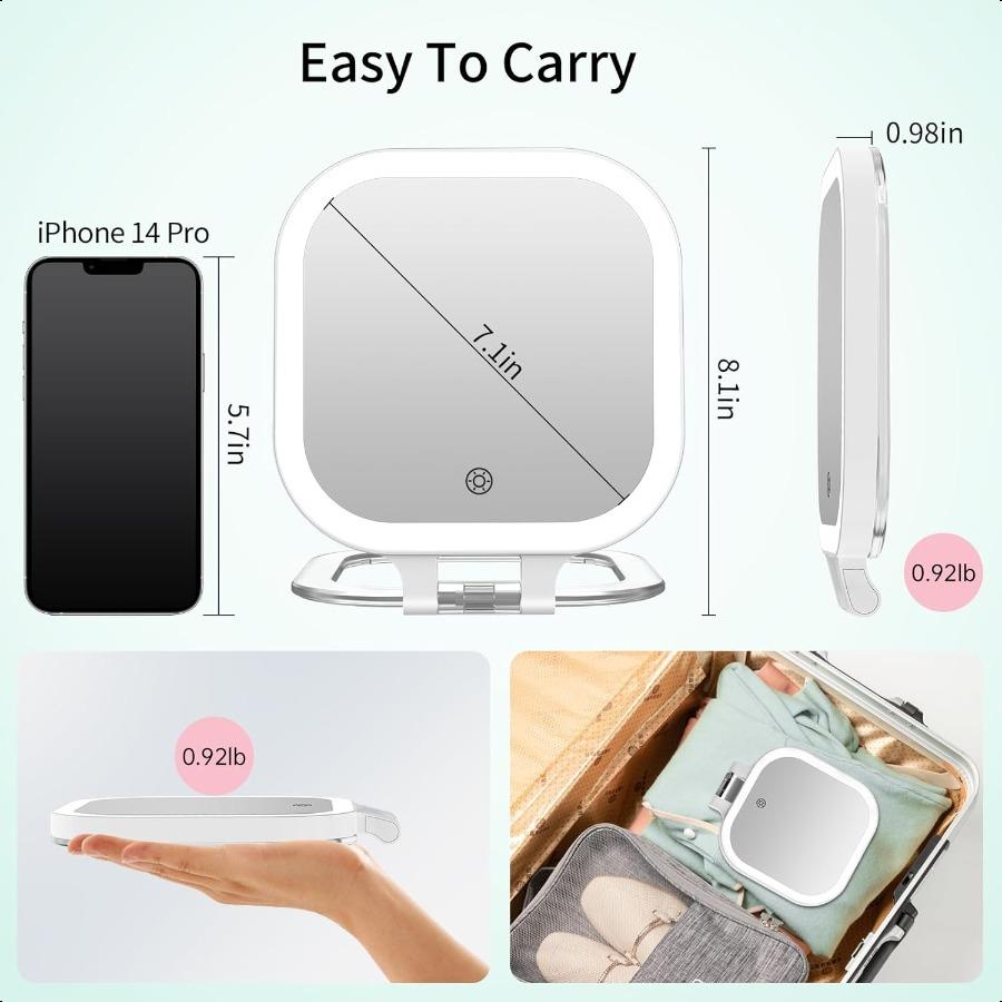 10X Magnification Rechargeable Travel Makeup Mirror 7 Lighted Portable Vanity Mirror with 3 Colors Lighting Stepl Dimming Doubl