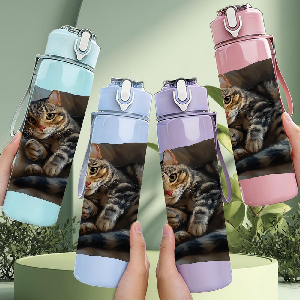1PC Two Cats Rest On Pillow 750ml Color Plastic Sports Water Bottle Leakproof Flip Straw Lid Suitable for Sports Office Home Use