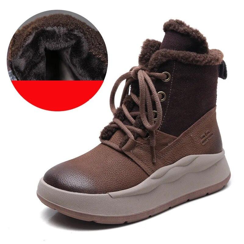 Johnature Genuine Leather Thick Soled Autumn Winter Plush Warm Cotton Boots Round Toe Versatile Retro Short Boots