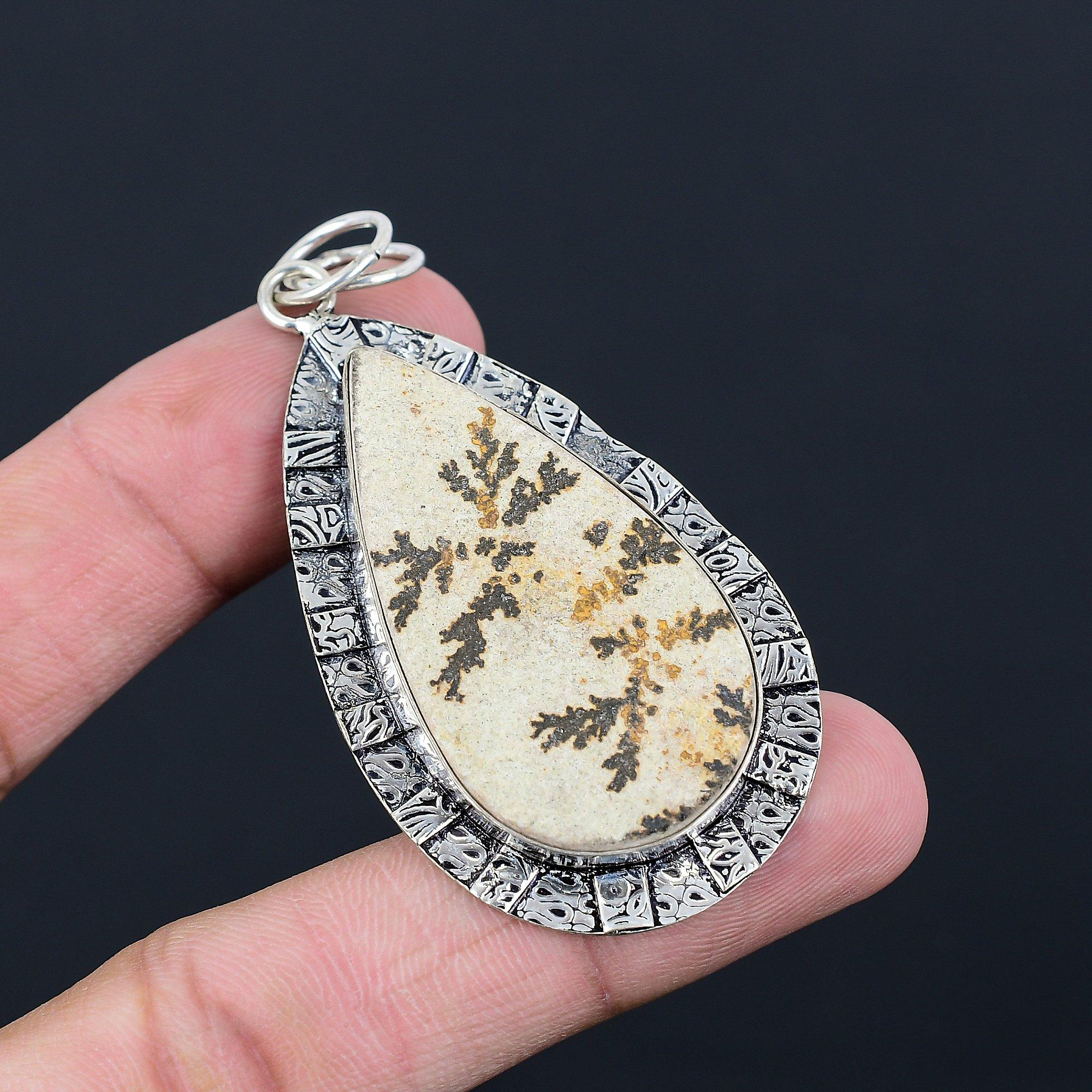 Pear Psilomelane Dendrite Stone 925 Sterling Silver Birthday Bezel Wife Pendant