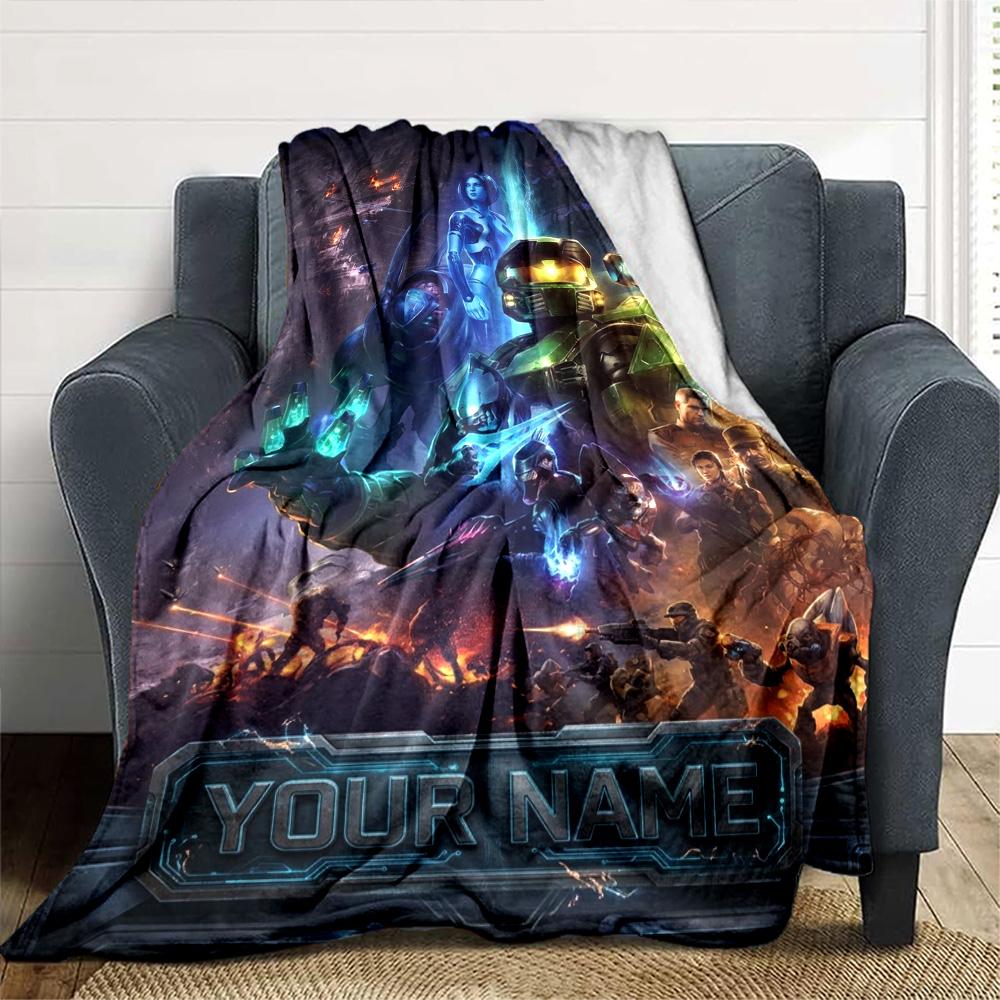 Name Custom Halo Game Print Flannel Blanket High Quality Warm Comfortable Cover for All Seasons Perfect for Gifts Home Decor