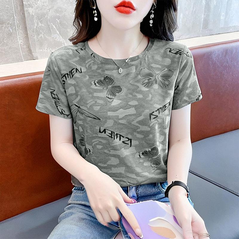 Summer loose front shoulder short-sleeved t-shirt women, new t-shirt foreign style fashion versatile women on clothes ins tide