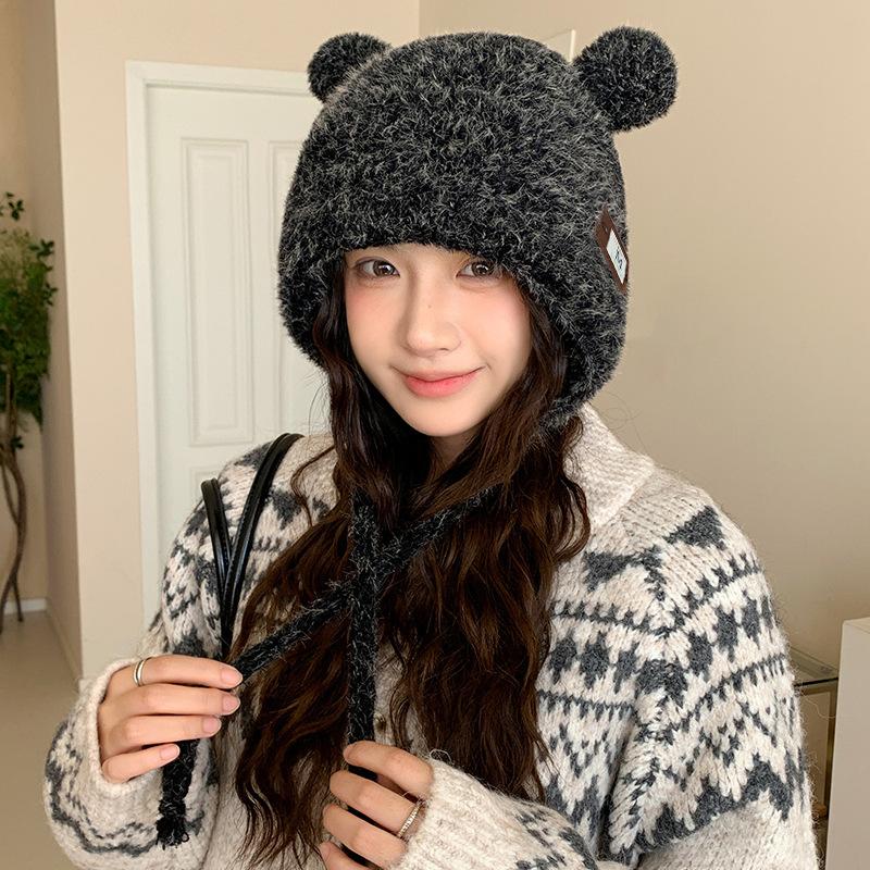 

Autumn and Winter Warm and Cold Hat Big Head Circumference Showing Face Small Knitted Hat Cute Plush Bear Ears Warm Lei Feng Hat for Women 56-62CM