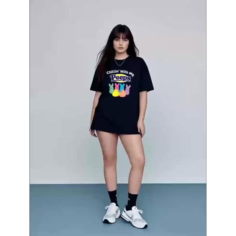 Womens Easter Bunny Chicks Print T Shirt Heavyweight Short Sleeve Crew Neck Chillin with My Peeps Slogan Bunny Ears Design Spring Party Easter