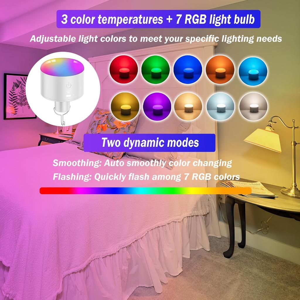 Battery Operated Light Bulb with Remote RGB Rechargeable Light Bulb USB Charging,50H Long Life Emergency Light Bulbs for Power Outage,Battery Powered