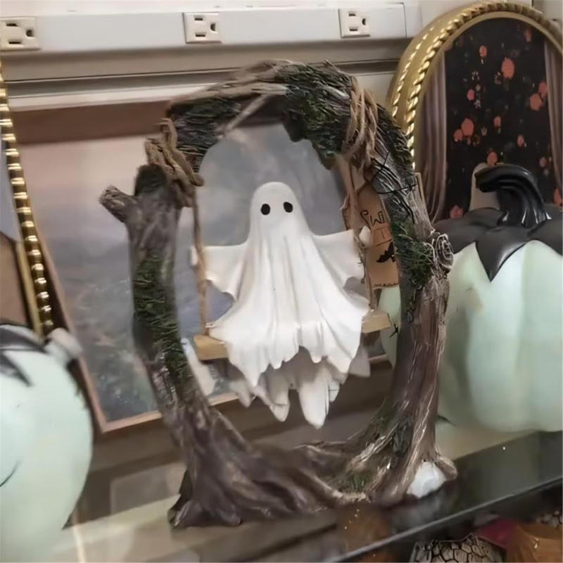 Ghosty on a Tree Swing Resin Ghosty Figurines Garden Decors Halloween Decorations for Desktop Bookshelf Garden Lawn