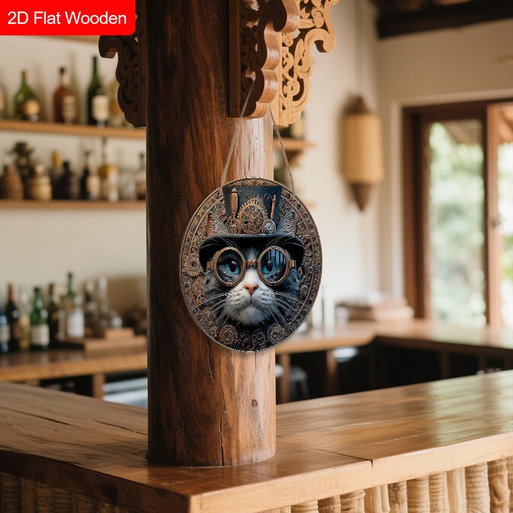 Retro Wooden Sign with Cool Cat Pattern - Unique Wall Pediments - Ideal for Front Door, Yard, Wall Decor