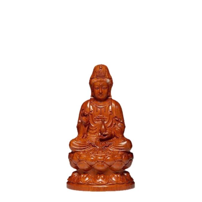 Rosewood Lotus Seated Guan Yin Bodhisattva Statue - Solid Wood Carving Handicraft for Home and Worship Decor