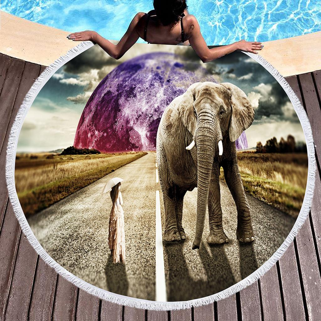 Wild Elephant Round Beach Towel,Microfiber Sand Resistant Beach Blanket,Soft Absorbent Quick Dry Portable Pool Towel Picnic Mat