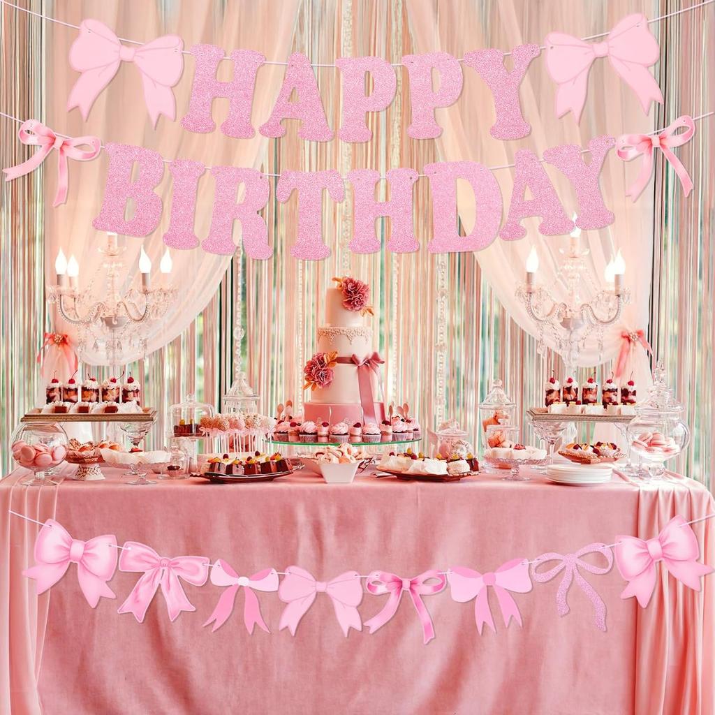 Pink Happy Birthday Banner, Bow Themed Party Decorations Hanging Set Pink Bowes Banner for Women Party Decorations