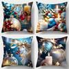 4pcs Christmas Series Pillow Covers, Blue Bright Holiday Decor with Ornaments, Bow Ribbon Candle Patterns