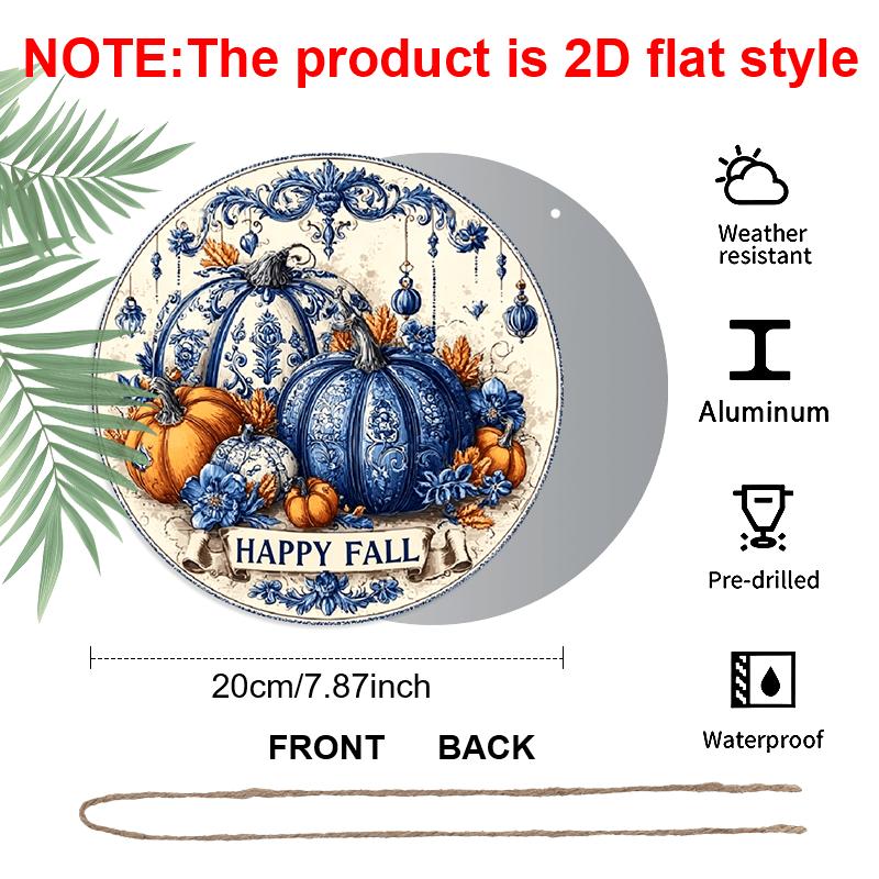 2D Flat Printed, 1pc Blue & White Porcelain Autumn Pumpkin Wall Art - Aluminum Hanging Circular Pediment with Happy Fall Design, Lightweight Durable