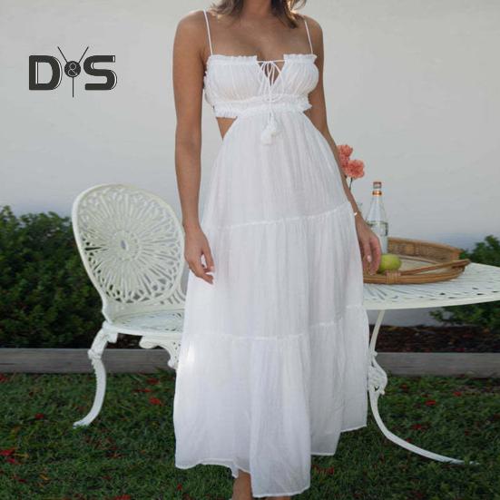 Ženy Sexy Bandeau Popruh Dlouhé šaty Šněrování Bez zad Nízký střih Midi Šaty Šití Splývavý lem Špagetová ramínka Pěstované šaty