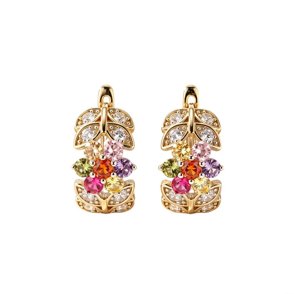 Geometric Leaf Colorful Rhinestone Stud Earrings European Niche Light Luxury All-Match Temperament Ladies Daily Pierced Jewelry
