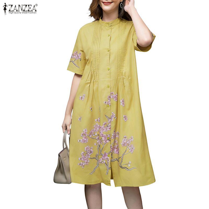 ZANZEA Women Casual Round Neck Half Sleeve Loose Floral Print Dress