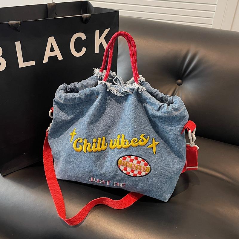 Tote Bag Women's Autumn and Winter New Vintage Design Denim Handbag Student Large Capacity Embroidered Letter Crossbody Bag