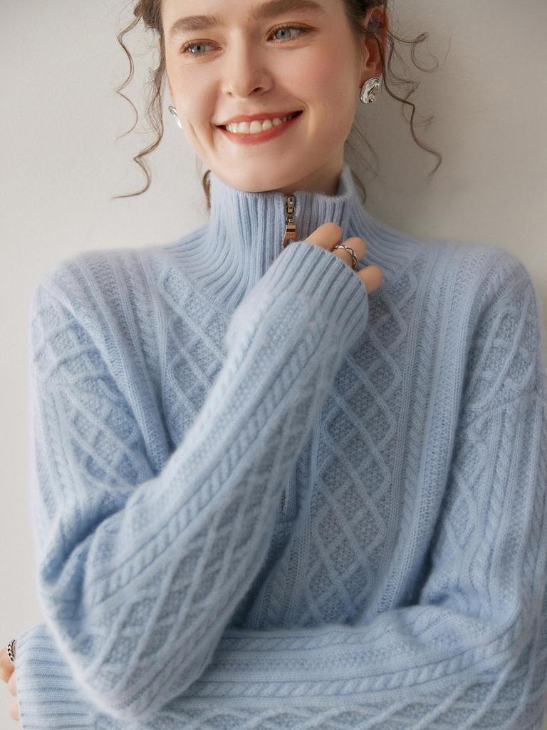 Women's High Neck Zipper Cashmere Sweater: Thick Cable Knit, Loose Fit, Slimming Base Layer for Autumn/Winter