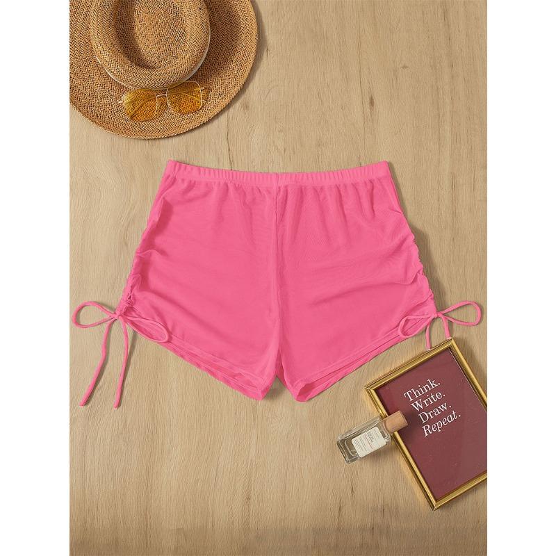 Women S Solid Color Sheer Mesh Drawstring Beach Bikini Shorts