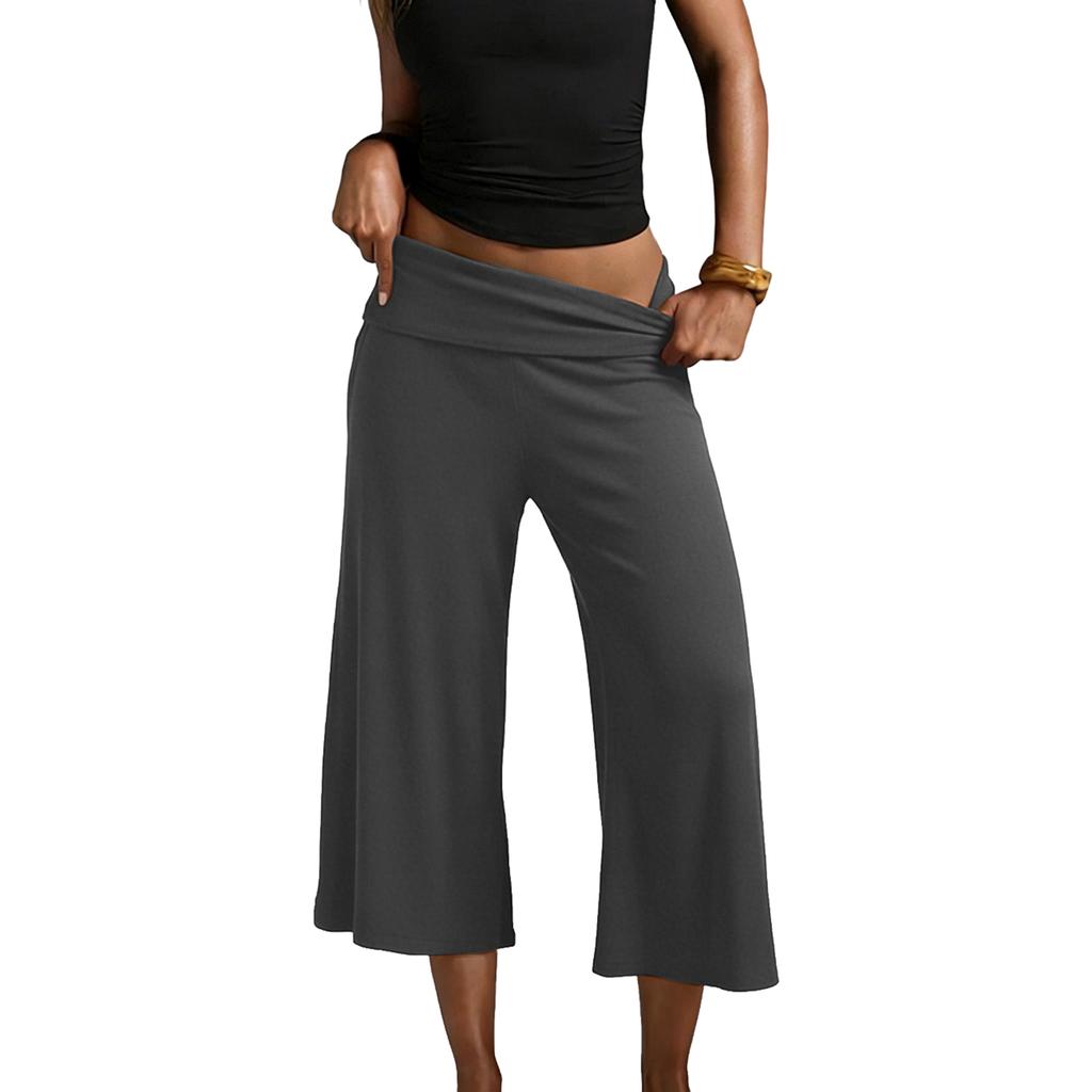 Cropped Pants for Women Wide Leg Elastic High Waist 3/4 Pant Casual Fit Flowy Casual Pants