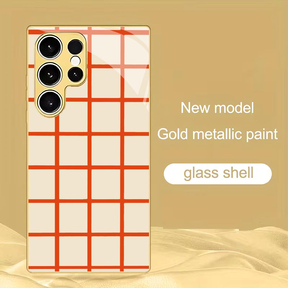 

Orange checkered tempered glass phone case suitable for Samsung GalaxyS26 S25 S24 S23 S22 S20FE/Ultra/Plus5Ganti drop back cover GalaxyS25