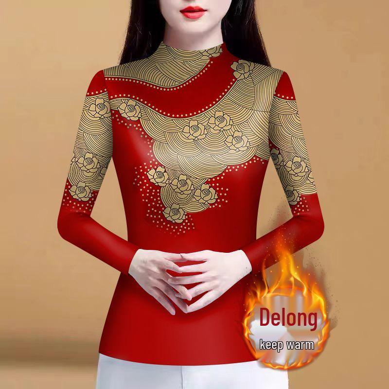 Mom's Autumn/Spring Long Sleeve Semi-High Neck Fleece Lined Shirt - High-End Print Tummy Covering T-Shirt Top