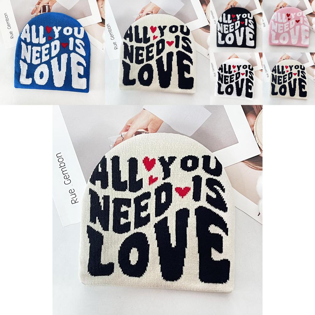 Simple Color Blocked Letter Heart Pattern Women Casual Warm Knitted Hat For Street Style Warmth