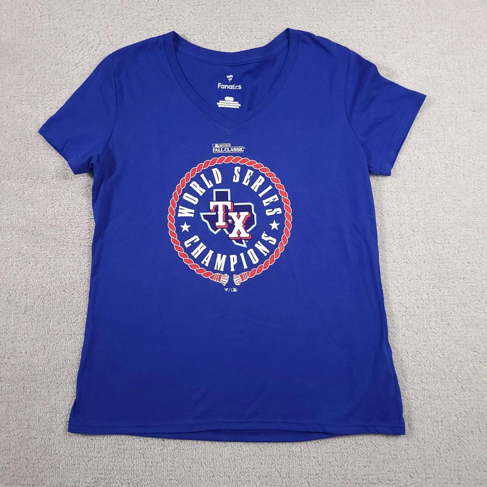 

Texas Rangers Fanatics 2023 World Series Champions T-Shirt Women s Medium Blue 100