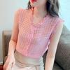 Sweet Solid Color V-Neck Lace Patchwork Shirt Fashion Button Hollow Out Women's Clothing Summer Commute Sleeveless Blouse