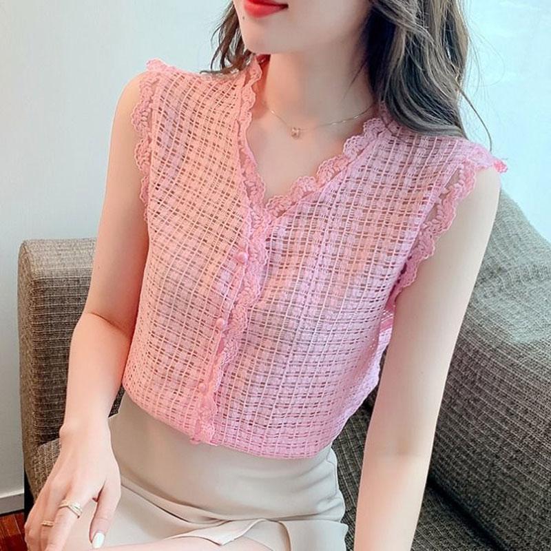 Sweet Solid Color V-Neck Lace Patchwork Shirt Fashion Button Hollow Out Women's Clothing Summer Commute Sleeveless Blouse