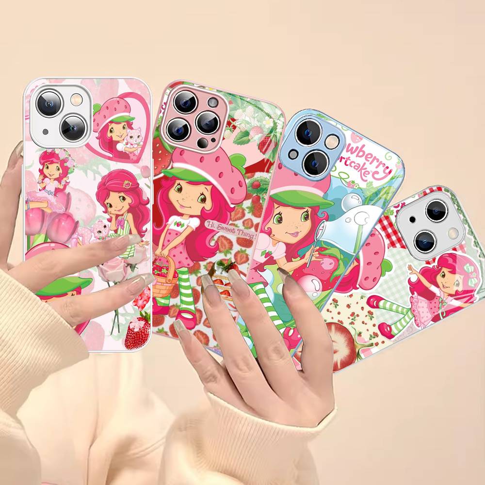 S-Strawberry-shortcake Girl Tempered Glass For Iphone 14 13 12 11 Pro Mini XS MAX 14Plus X XS XR Cover