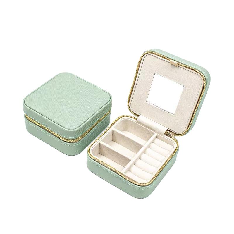 Leather Modern Jewelry Storage Box With Mirror Portable Travel Necklace Earring Ring Small Square Zipper Bag