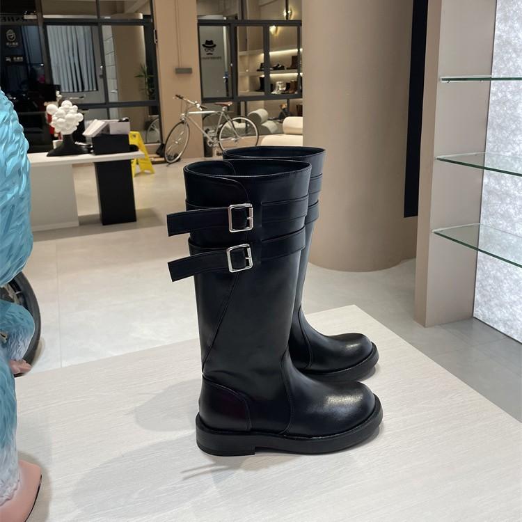 Cowhide version~ 2025 autumn and winter new leather black retro mid-tube western cowboy boots women's thick-soled Martin boots women's