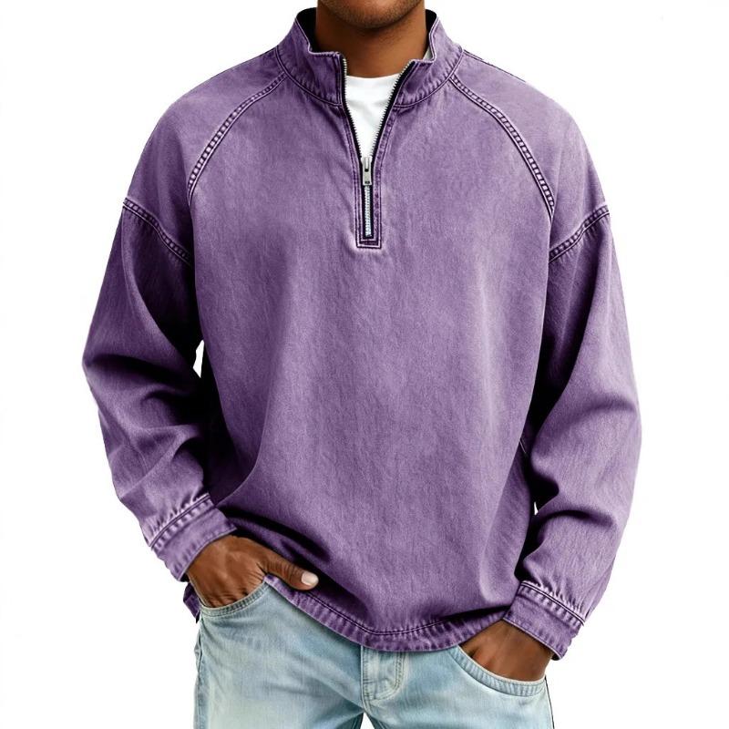 New Men's Tops Retro Fashion Long Sleeve Tees Zipper Stand Collar Long Sleeve T-shirt