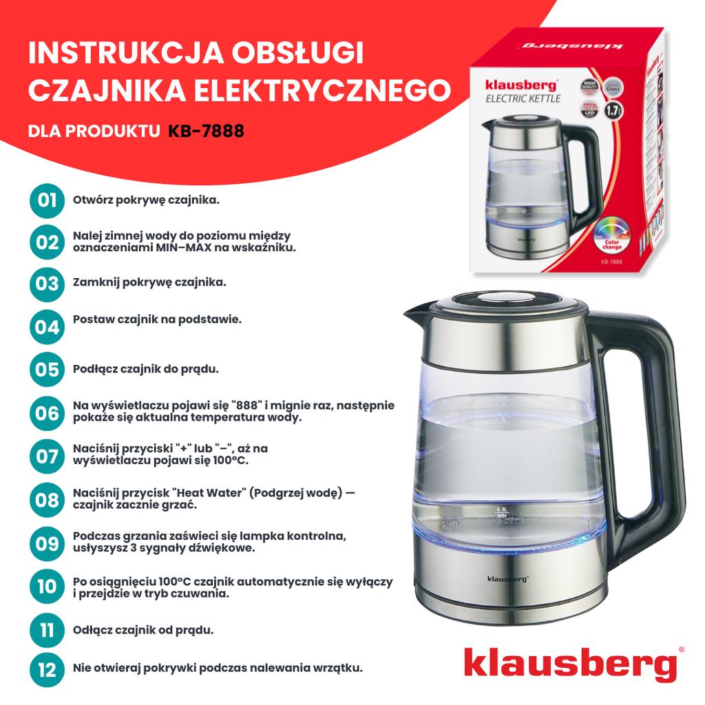 Czajnik Elektryczny Z Regulacją Temperatury Szklany 1.7L KLAUSBERG KB-7888