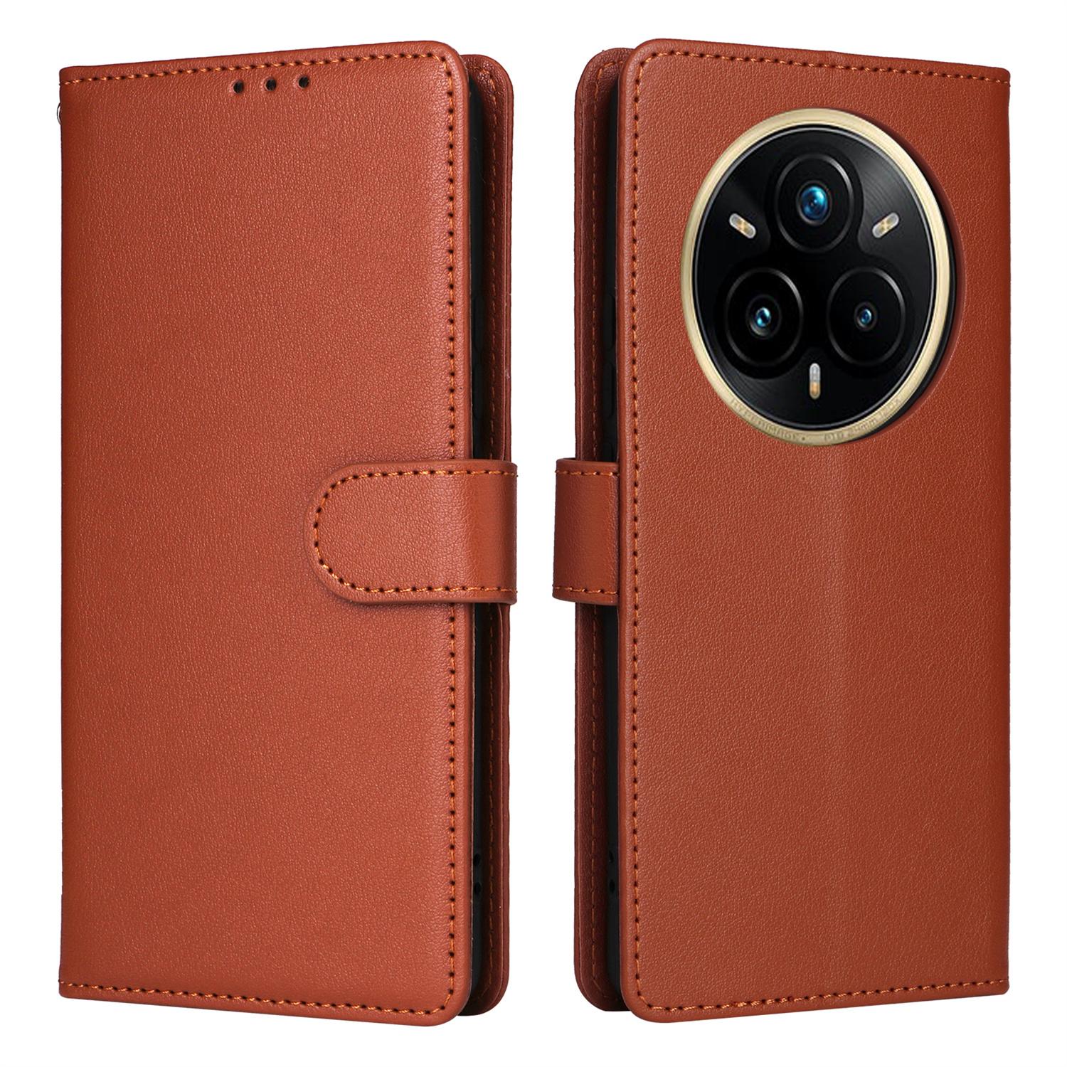 

For Realme 14 Pro 5G Case Wallet Stand View PU Leather Phone Cover with Wrist Strap Brown