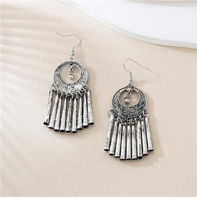 Round Hollow Fringed Earrings, Metal Material Elegant Miao Silver Temperament Versatile Daily Travel Earrings