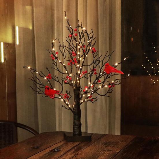LED Vintage Glowing Tree with Cardinals Battery Operated Twinkle Trees Lamp with Lighted Branches Christmas Halloween Decorations