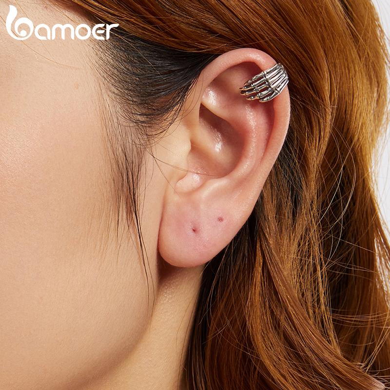 BAMOER Mono 925 Sterling Silver Skeleton Hand Ear Cuff Punk Style Ear Clip Earring for Women SCE1852