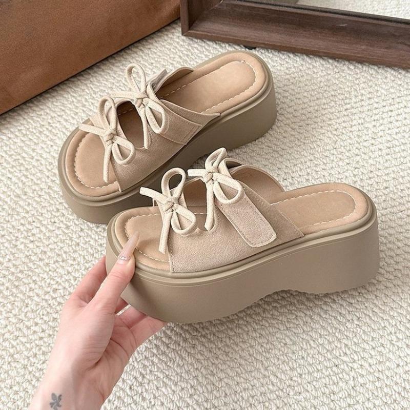 Mode Ein-Wort Schleifen-Slipper Damen Sommer Neu Mode Runde Zehenpartie Erhöhte Plateausohle Rutschfest Lässige Strandsandalen