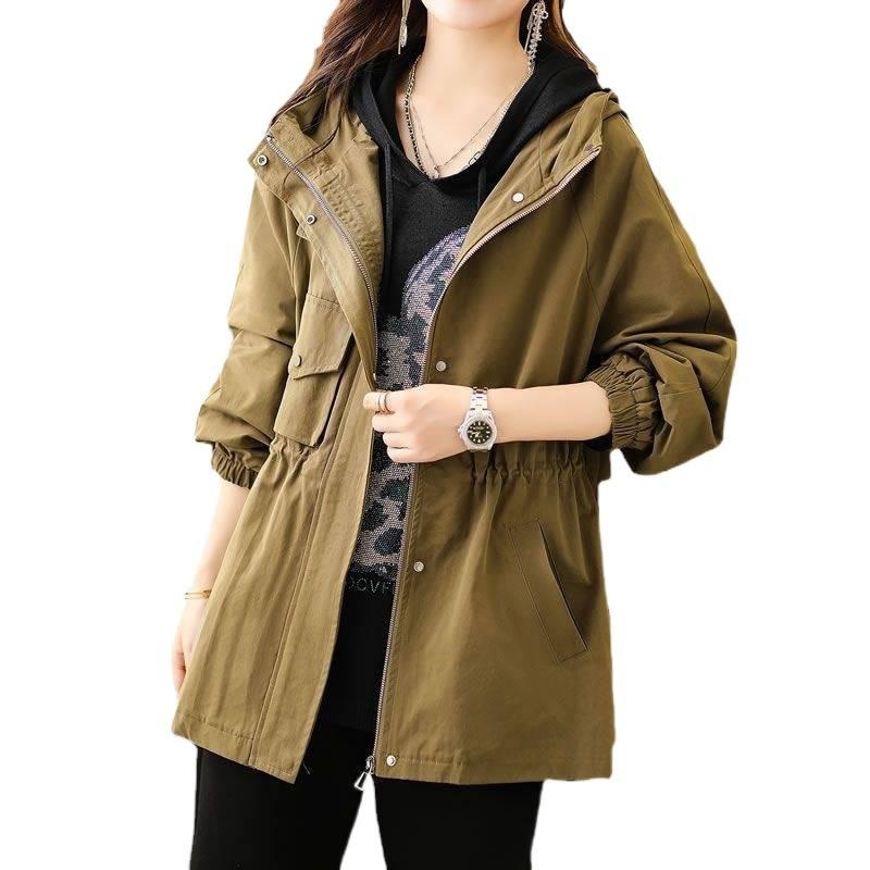 Versatile Hooded Jacket Women's Autumn New Korean Version Waist Drawstring Medium and Long Trench Coat
