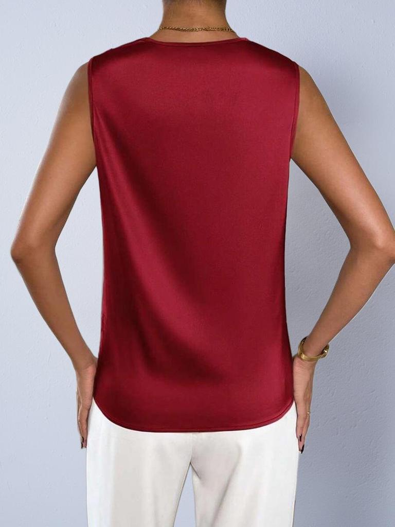 European & American Style Women's Satin Silk Sleeveless Pleated Top for Autumn