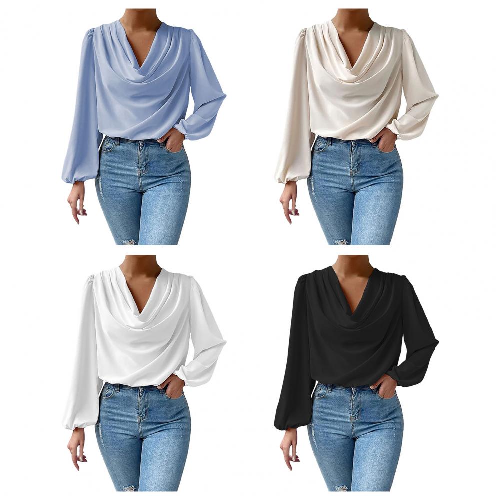 Chiffon Women Shirt Draping Piled Collar Lantern Sleeves Pullover Tops Solid Color Loose Fit Commuting Top Daily Wear
