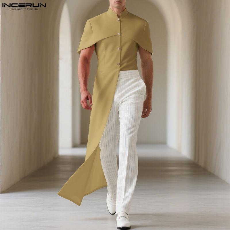 INCERUN Men Stand Neck Short Sleeve Buttons Side Splits Irregular Shirts Tops