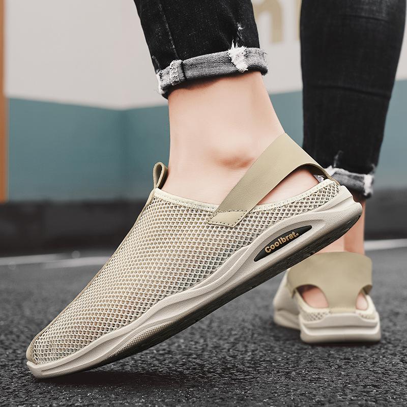 Summer New Single Net Breathable Bag Head Flat-bottomed Sports Half Slippers Daily Leisure Foot Cover One Pedal Trendy Men's Shoes
