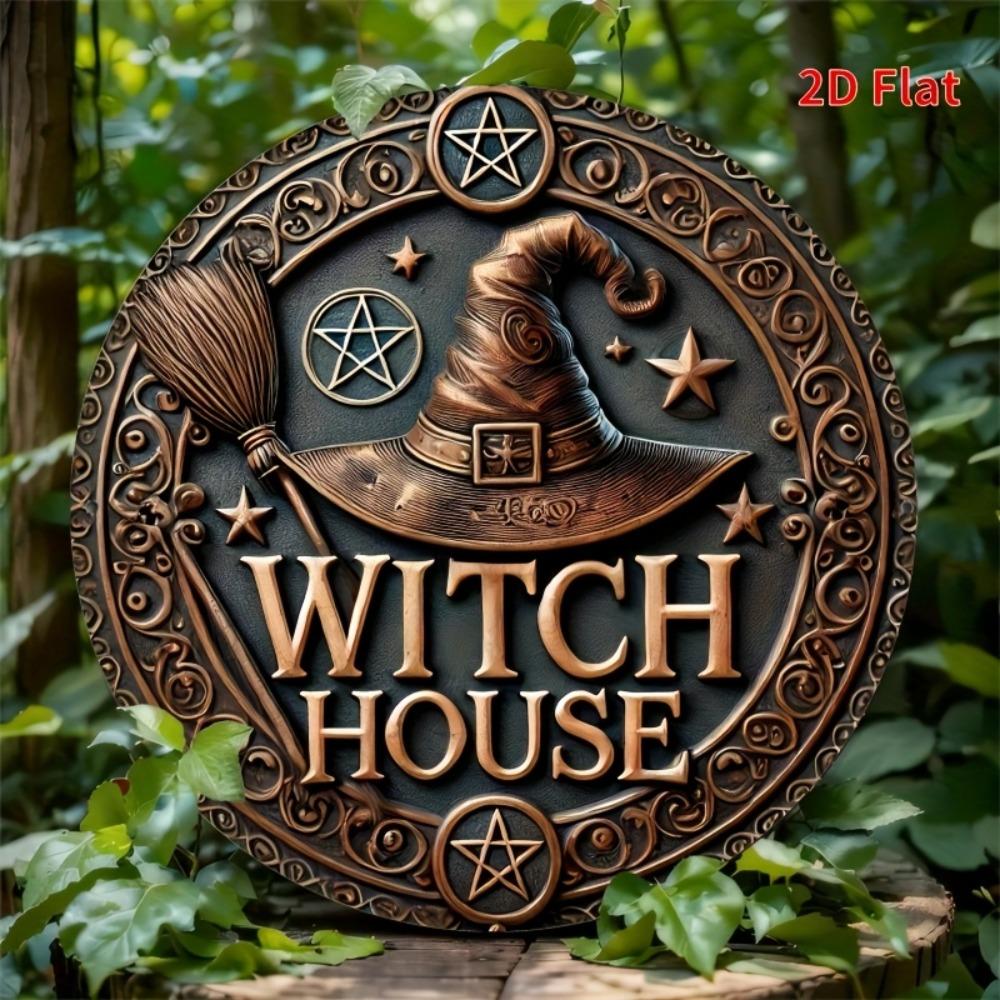 1pc 2D Vintage Witch House Metal Sign Circular Iron Wall Decor with Star Witch Hat Broom Design Halloween Decor for Home Garage