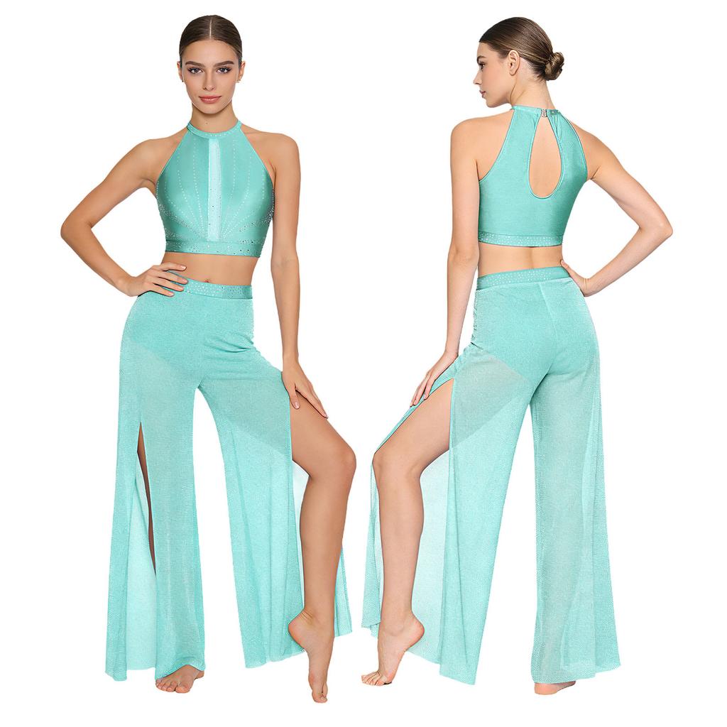 Womens Lyrical Dance Performance Outfit Sequin Hollow-out Tank Crop Top+Built-in Briefs Mesh Pants Modern Contemporary Dancewear