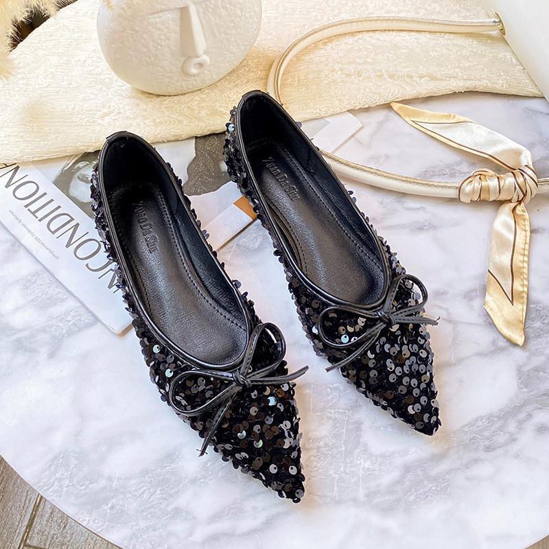 Pointed Single Shoes Women's 2025 New Summer Evening and Evening Shallow Mouth Shoes Sequined Women's Flat Bottom Ladyshoes Large Size 41-43