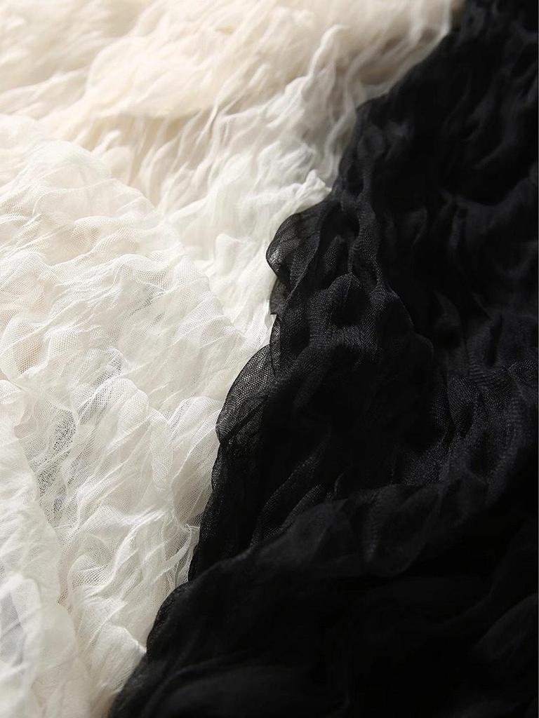 2026 Summer Elegant High Waist Mesh A-line Skirt with Wave Pleats for Women